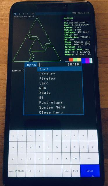 Pinephone running Sxmo, neofetch and dmenu apps
