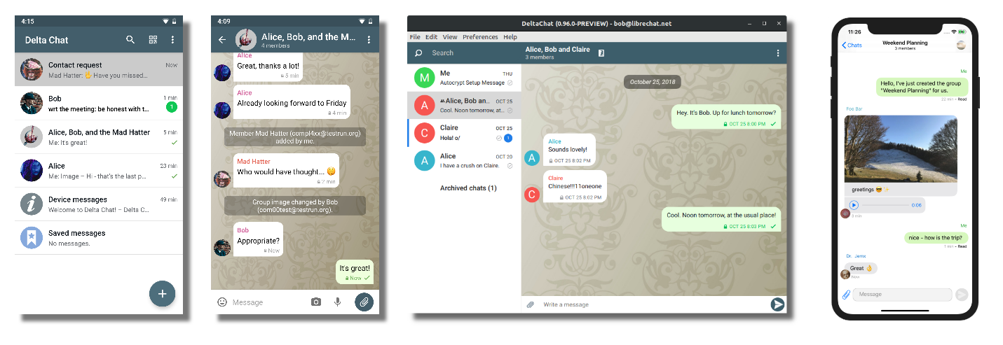 Delta Chat Screenshots of Android, Desktop and iOS, src: delta.chat Delta Chat Screenshots of Android, Desktop and iOS, src: delta.chat