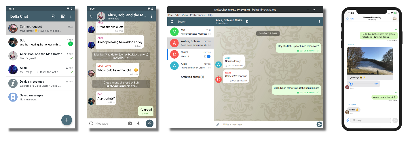 Delta Chat Screenshots of Android, Desktop and iOS, src: delta.chat