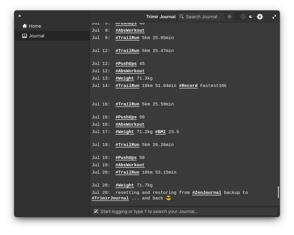 Screenshot Trimir Journal Log List  (Dark Mode)