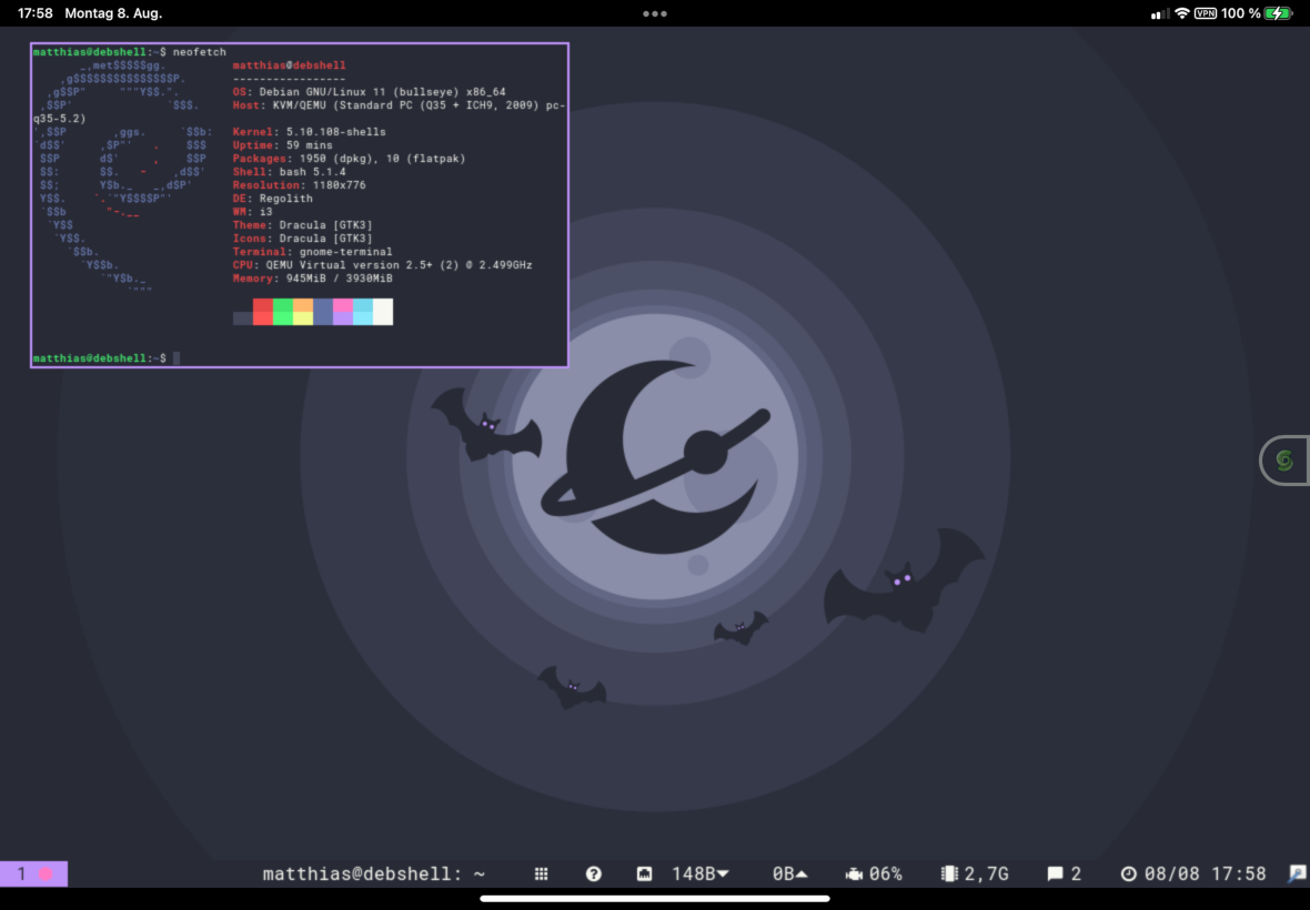 Screenshot iPad Air running Regolith Desktop on Debian Bullseye in Shells.com