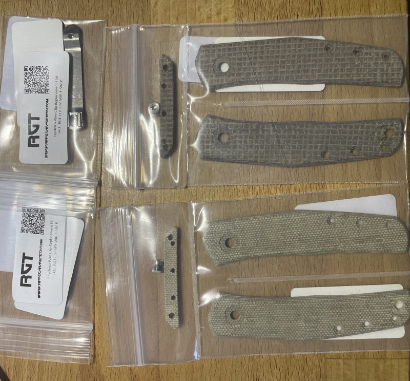 RGT Micarta Scale Set  (Burlap, Canvas OD Green) & RGT Stonewash Clip in packaging