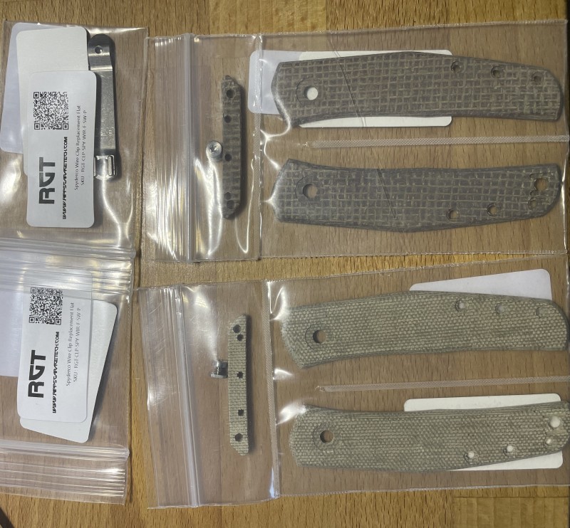 RGT Micarta Scale Set (Burlap, Canvas OD Green) & RGT Stonewash Clip in packaging RGT Micarta Scale Set (Burlap, Canvas OD Green) & RGT Stonewash Clip in packaging