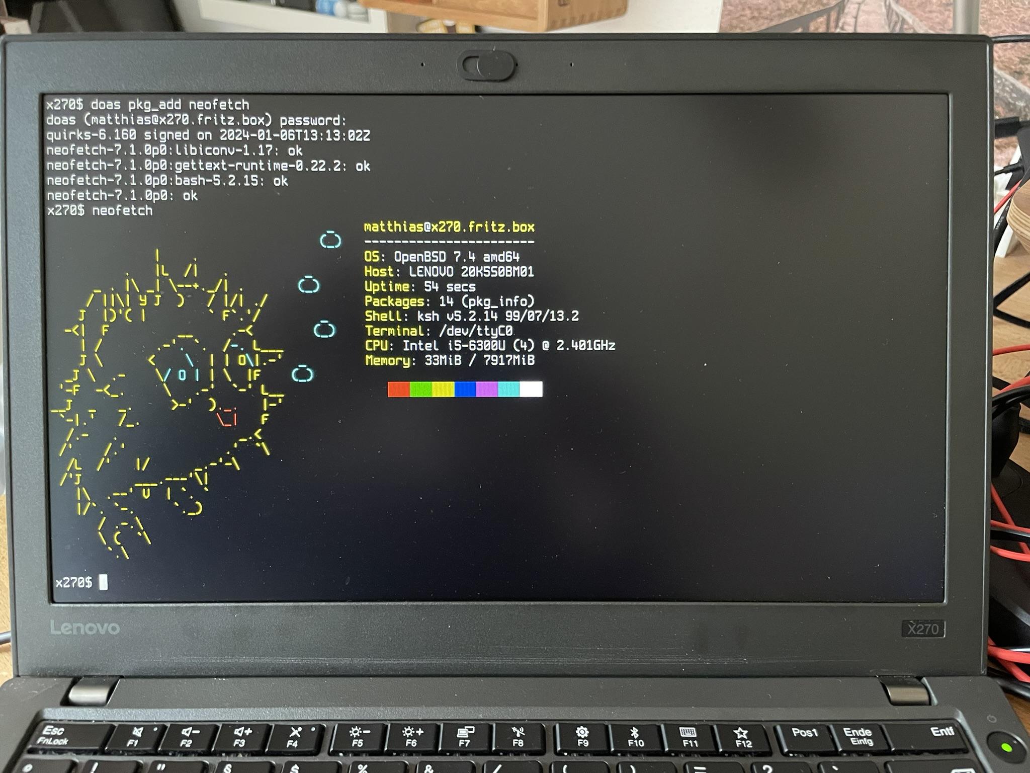 Lenovo ThinkPad X270 w/ neofetch screenshot on OpenBSD 7.4
